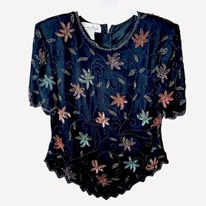 Laurence Kazar Vintage 80s / 90s Sequined Beaded Silk Top M Short Slvs Multi EUC